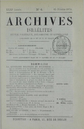 Archives israélites de France. Vol.31 N°04 (15 févr. 1870)